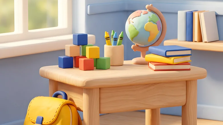 Illustration: a small study desk with blocks, crayons, a globe, books and a yellow school bag